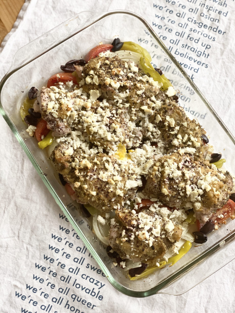 Read more about the article Easy One Dish Dinner: Hummus Greek Chicken & Veggie Bake
